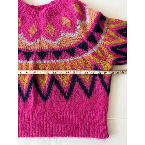 A New Day Fuzzy Crewneck Sweater Women M Pink Fair Isle Cozy Soft Cabincore - Picture 4 of 8